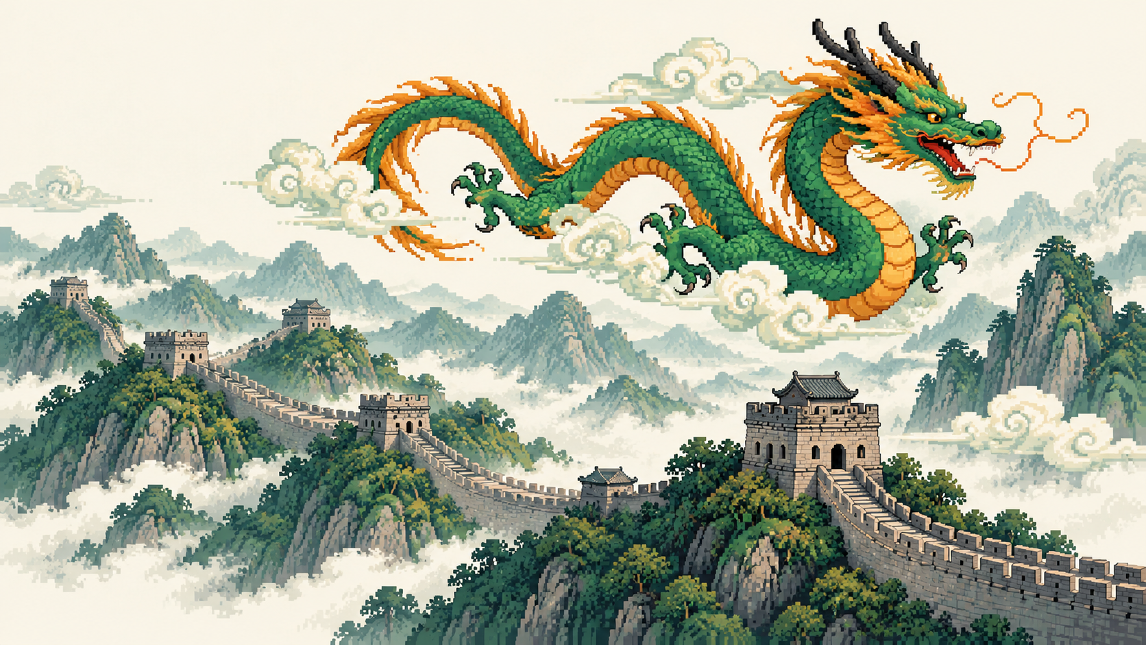 Pixel-art Chinese dragon flying over the Great Wall and misty mountains